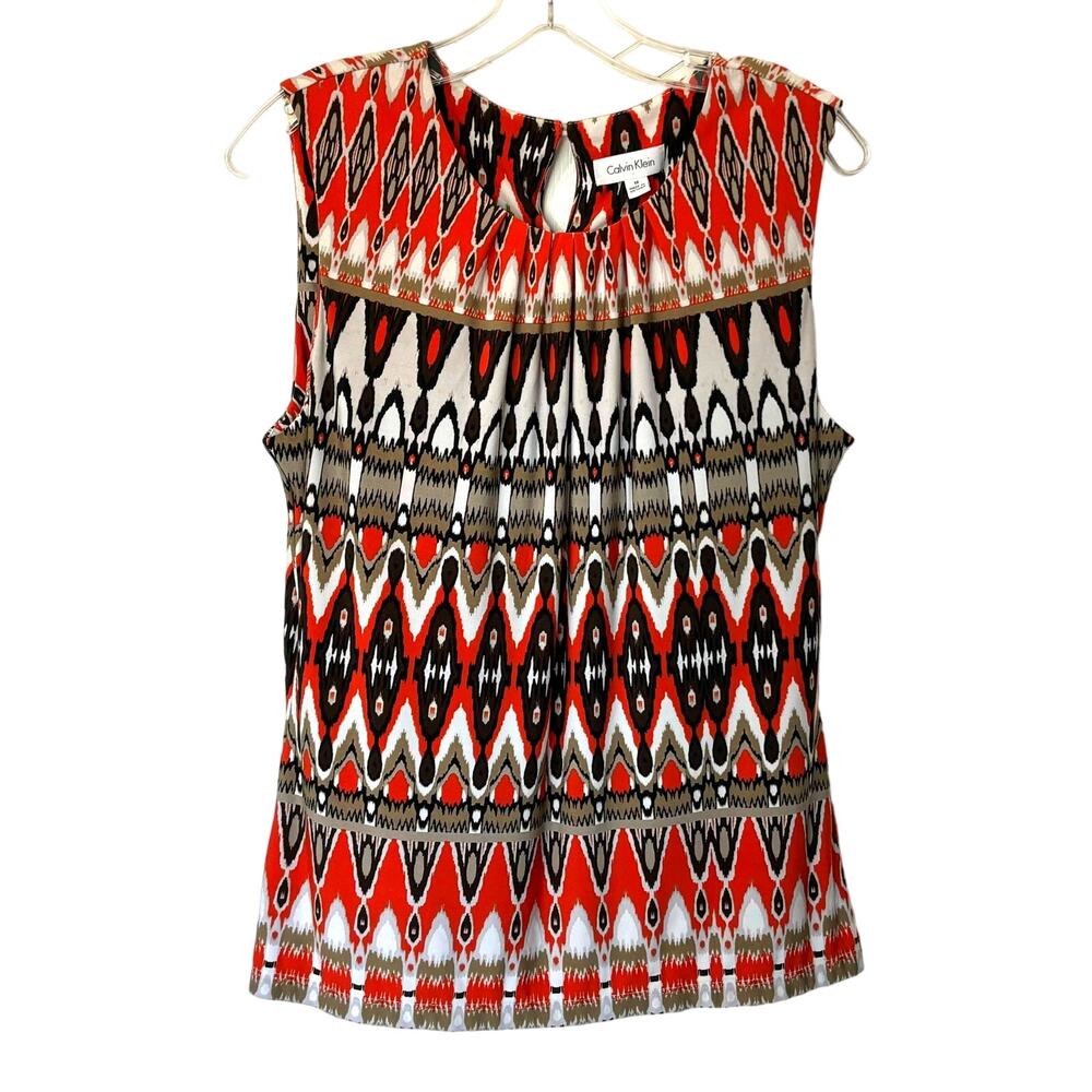 Calvin Klein Womens Medium Sleeveless Blouse Brown Tan Orange Geometric Career
